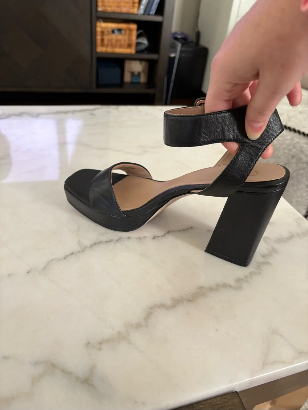 Black Leather Platform Block Heel Sandals